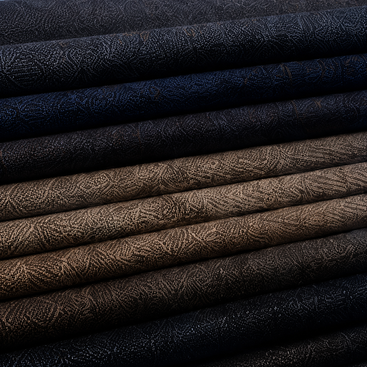 Stacked woven fabric rolls